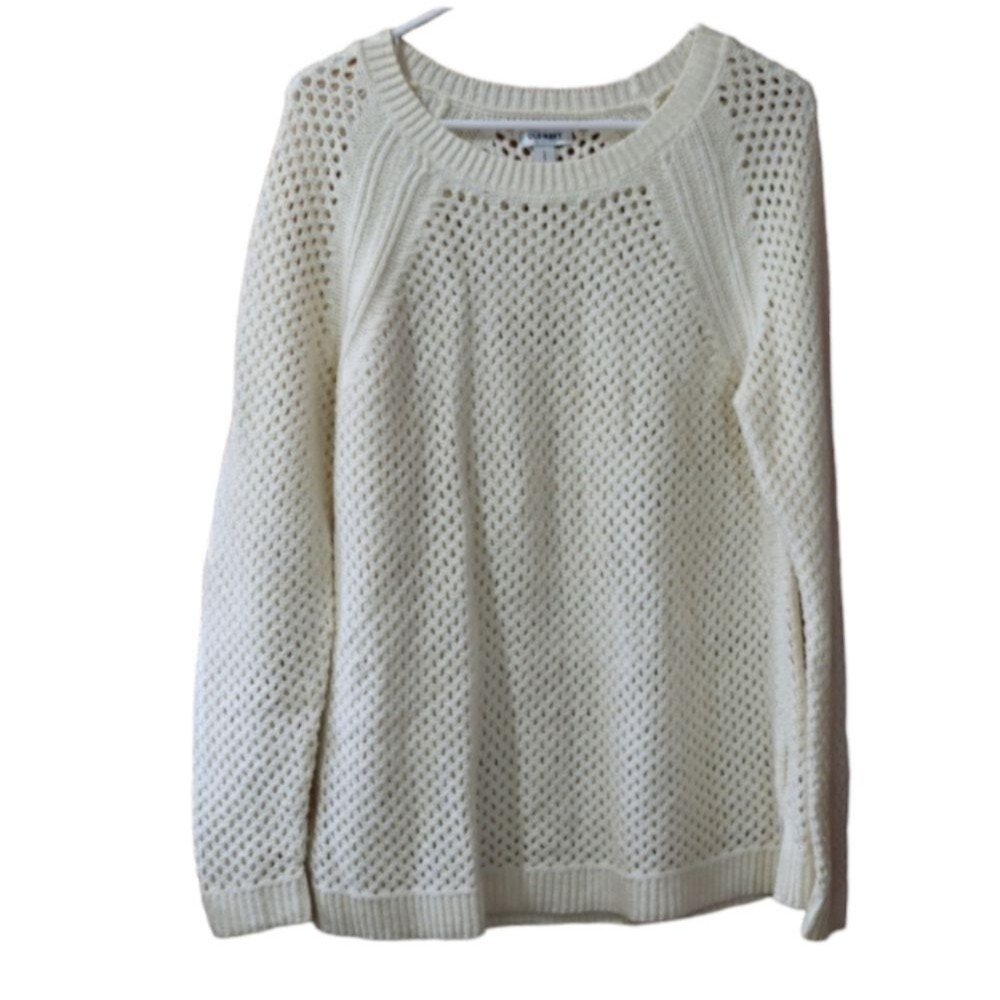 Old Navy White Open Knit Pullover Crewneck Sweater Large Lightweight Top